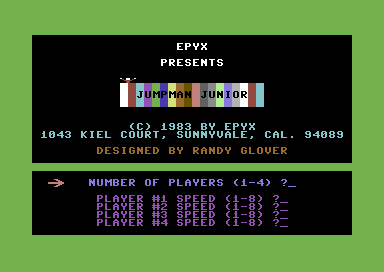 Jumpman Junior title screen for Commodore 64